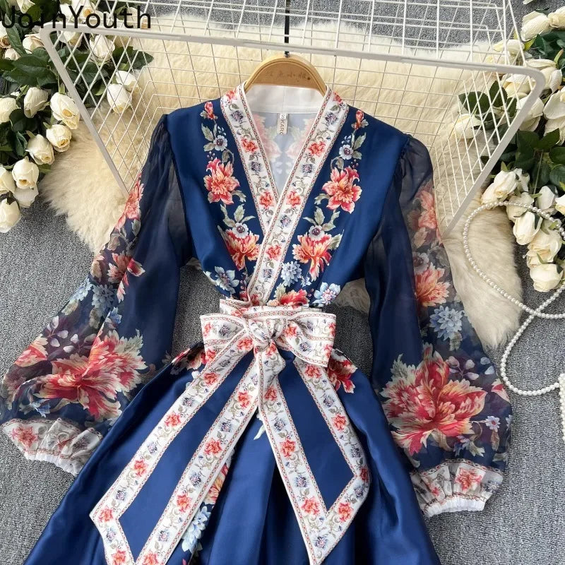 Elegant Women Floral Maxi Slim Waist Dress