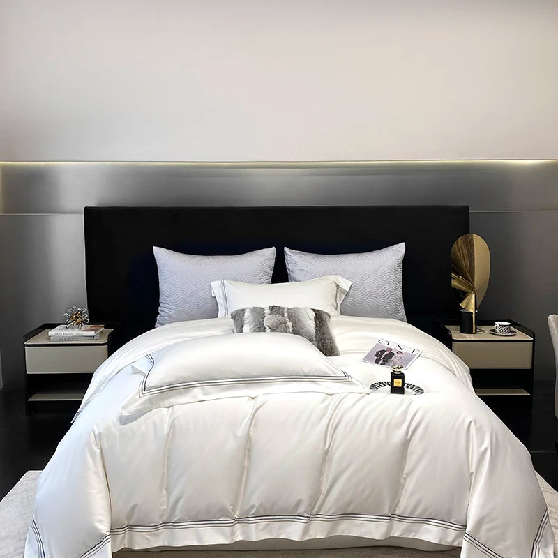 Luxury Three-line Embroidery Solid Color 1000TC Egyptian Cotton Bedding Set Duvet Cover Bed Sheet/Fitted Sheet Pillowcases 4Pcs