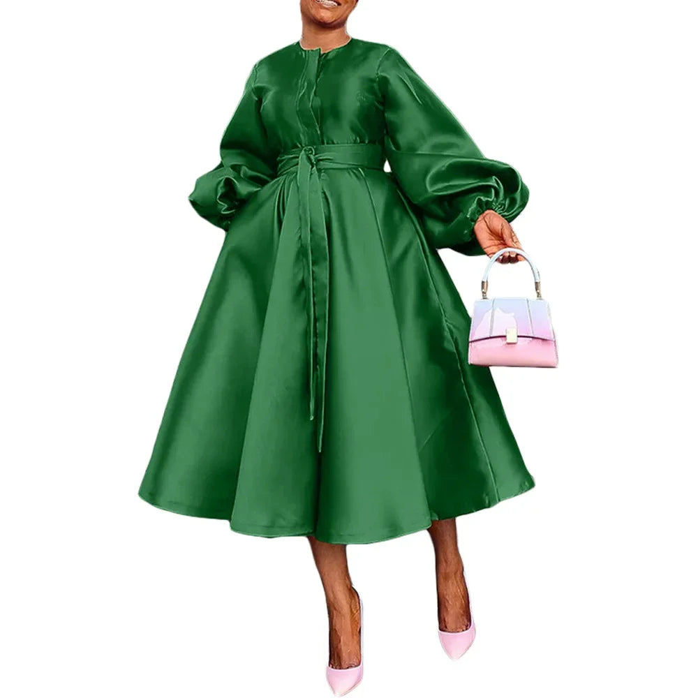 Satin Puff Sleeve Evening Dress for Women Pleated A-Line Round Neck Elegant Party Midi Dress with Belt