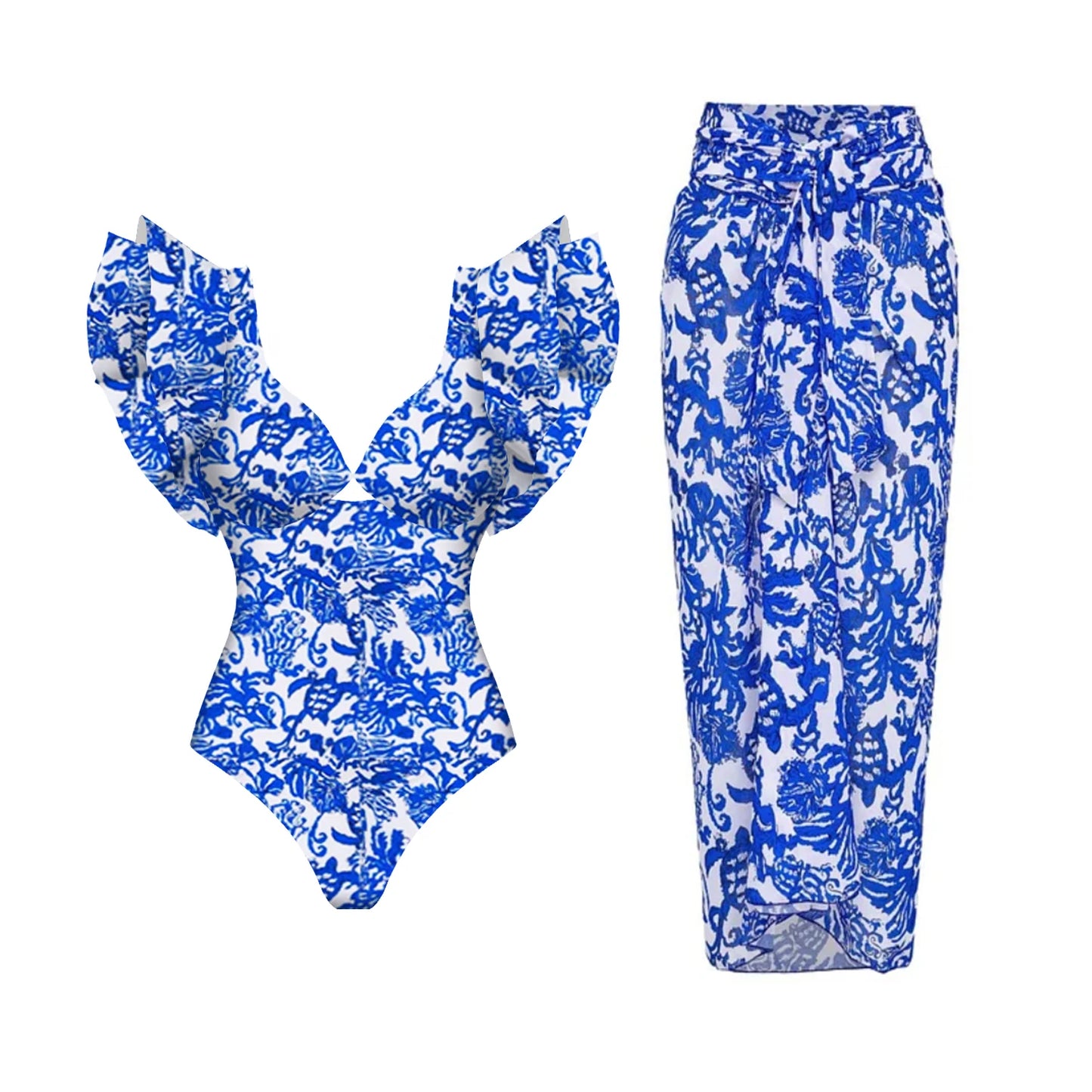2-Piece Shoulder Ruffle Swimsuit With Cover Up Sexy Beachwear