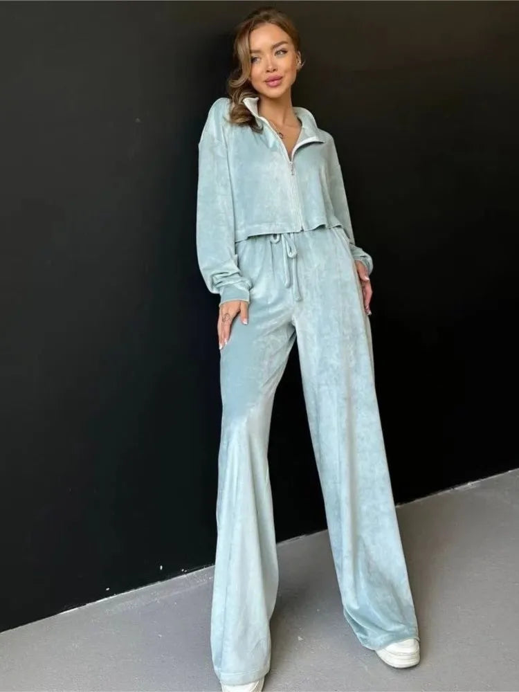 Autumn Winter Solid Casual Velvet Two Piece Tracksuit Sets for Women