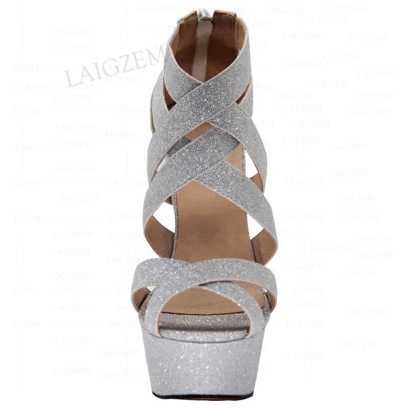 Women Platform Sandals Open Toe Bling Glitter Back Zip Up Party Sandal Pumps Shoes Big Size 34 41 45 47