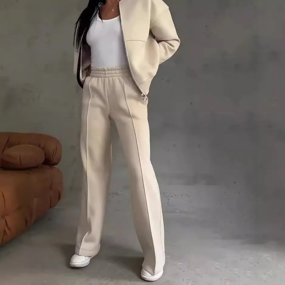 Women Casual Solid Pant Sets Two Piece Sweatshirts Full Sleeve Zipper Coats Long Pants Pockets Autumn Winter