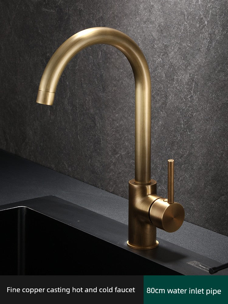 Retro Copper Antique Kitchen Faucet Hot and Cold Wash Basin Sink Pull-out Rotate