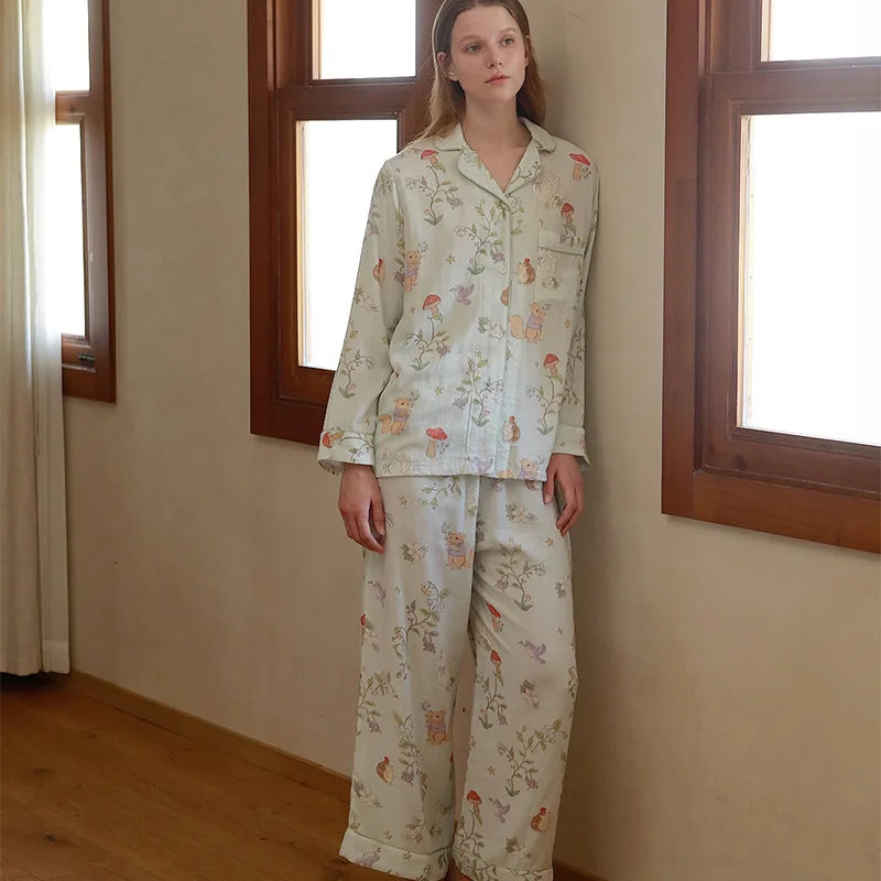 Bamboo Fiber Cotton Double-layer Gauze White Swan Cute Animal Print Long Sleeved Pajamas Set Clothes for Women