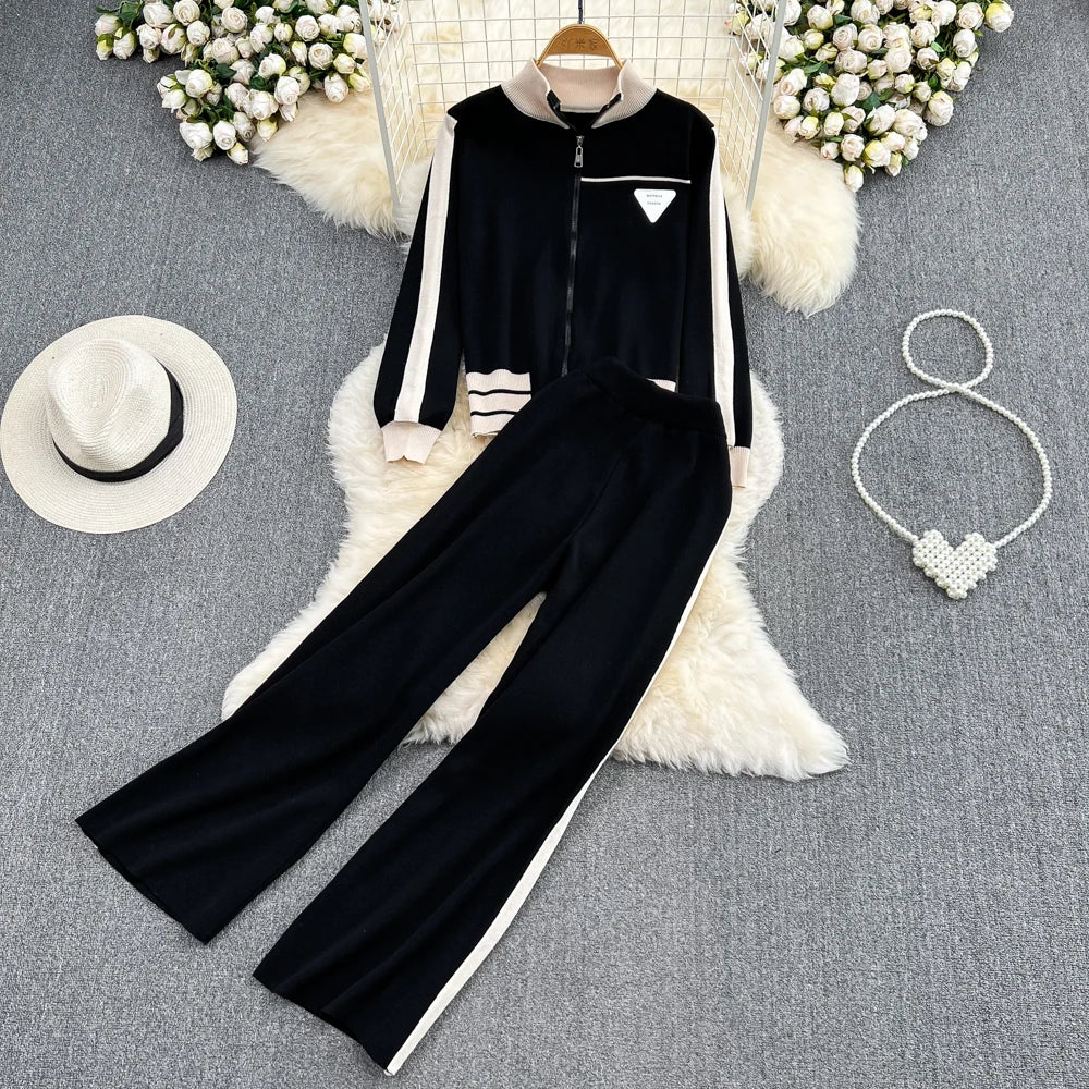 Fashionable Knitted Sportswear Set Open Cardigan & Wide Leg Pants Two Piece Set