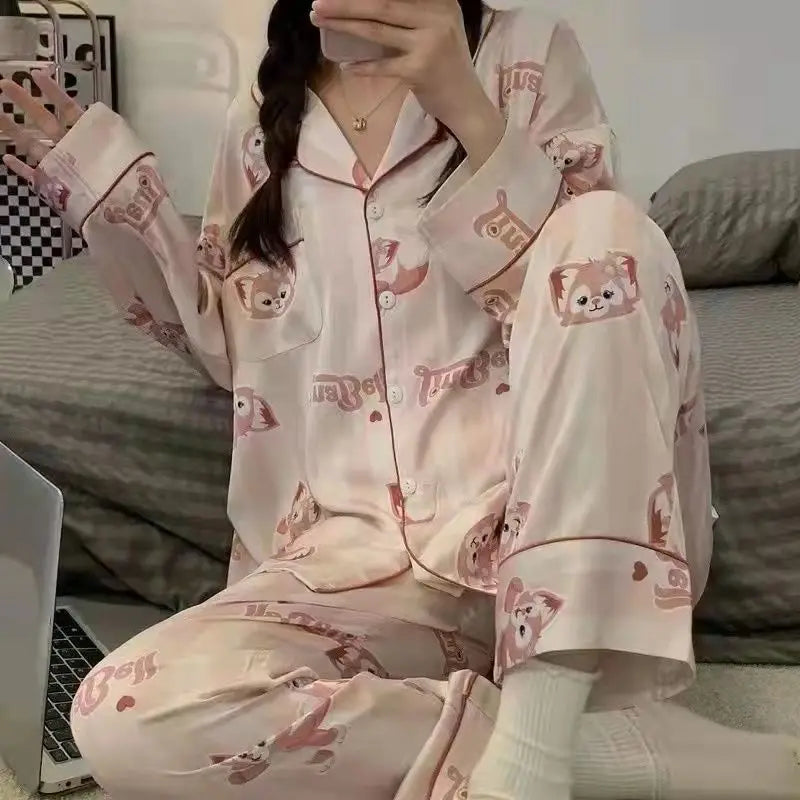 Hello Kitty 2Pcs Pajamas Set for Women Long Sleeve Tops Pants Loungewear