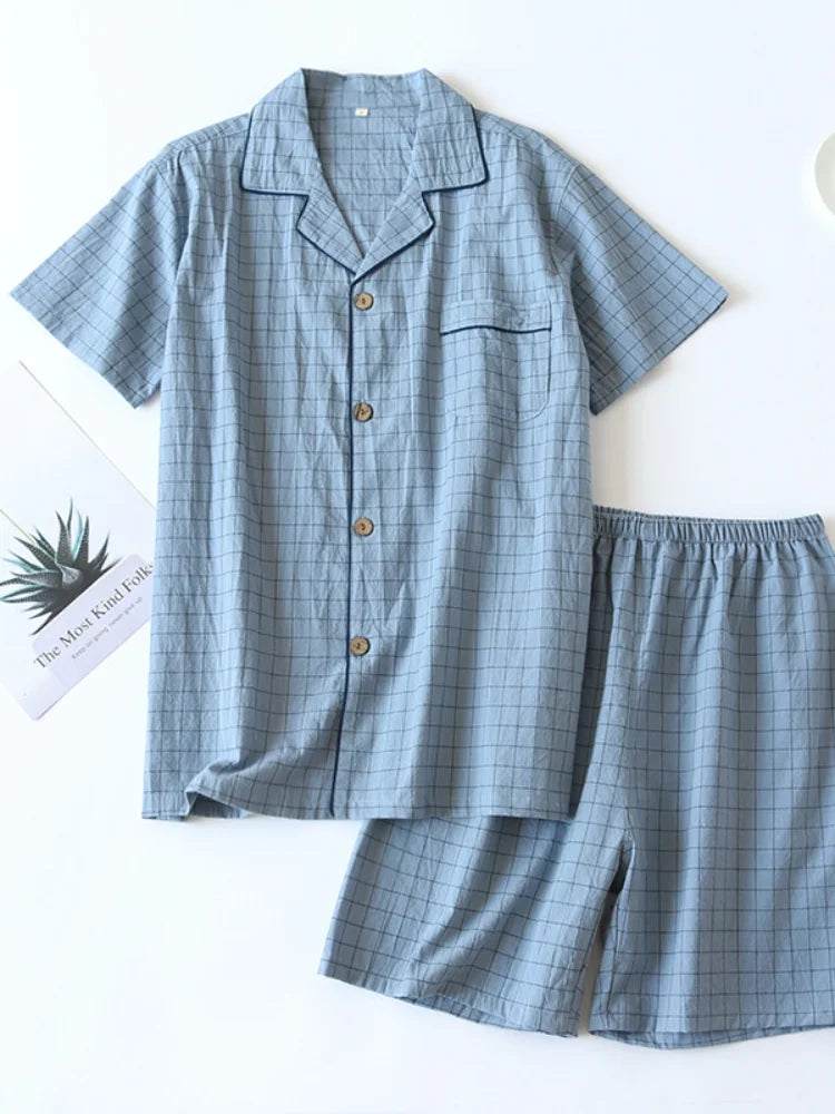 Men's Pajamas Summer Thin Short-sleeved Shorts Cotton Plaid