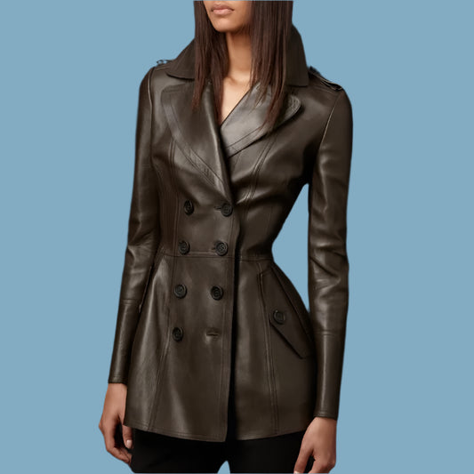 Women Elegant Luxury Fitted Soft Faux Leather Blazer Jacket Double Breasted