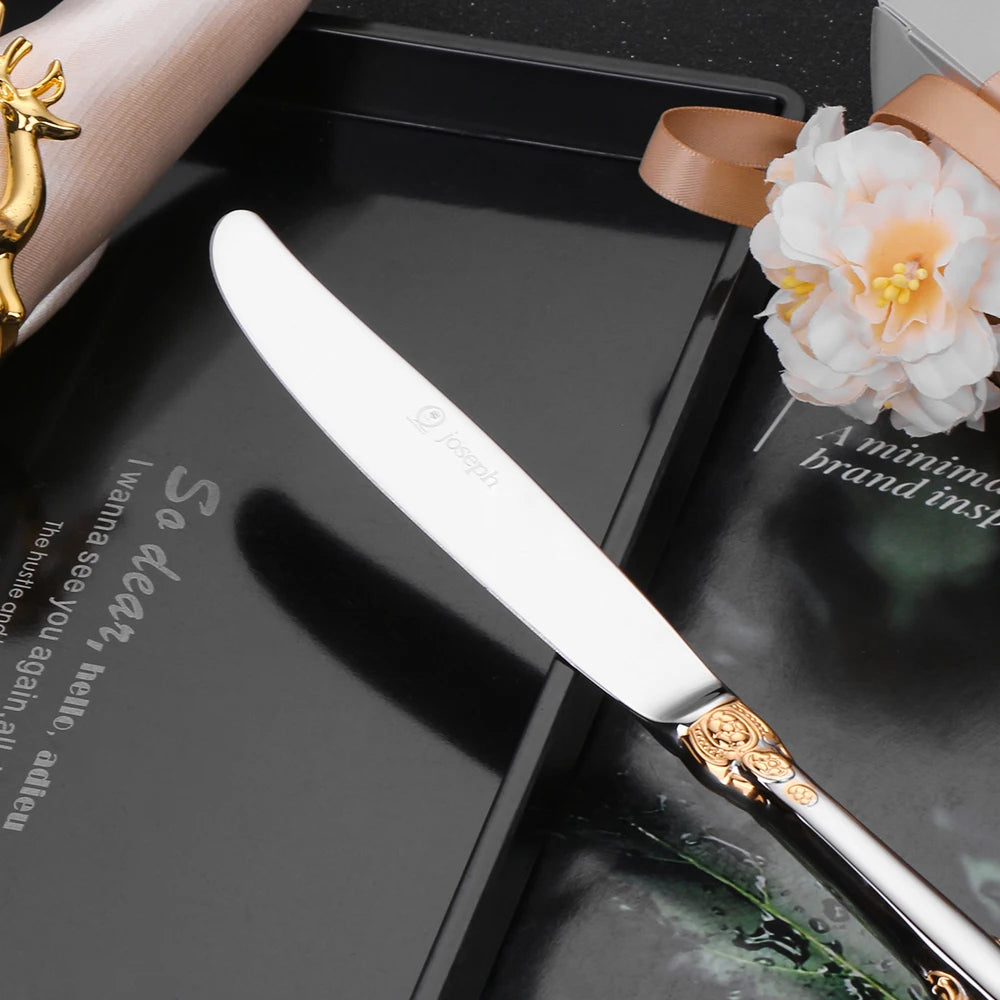 Stainless Steel Silver Flatware Set, Vintage Cutlery, Hollow Handle, Silverware for Wedding, Baroque, 18/10, Glossy Gold