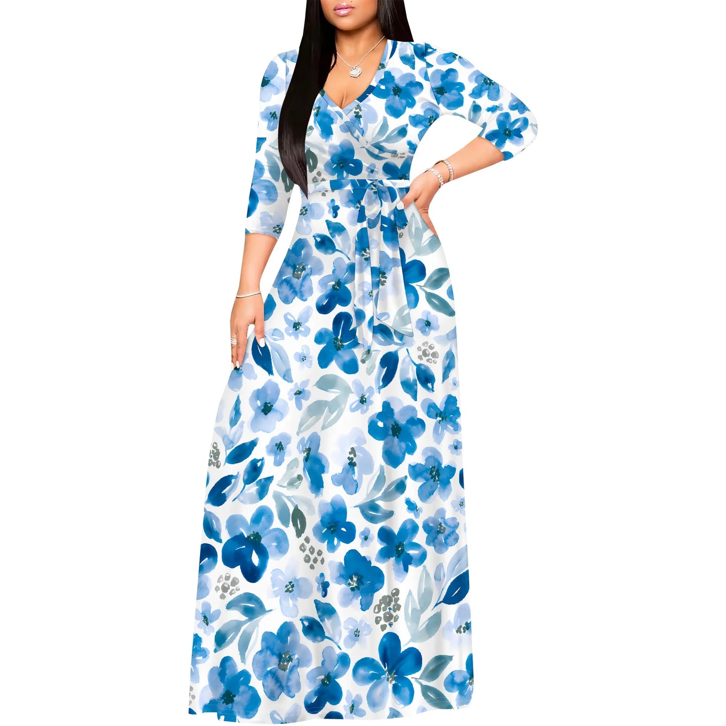 Romantic Floral Rose V-Neck 3/4 Sleeve Wrap Maxi Dress with Belt
