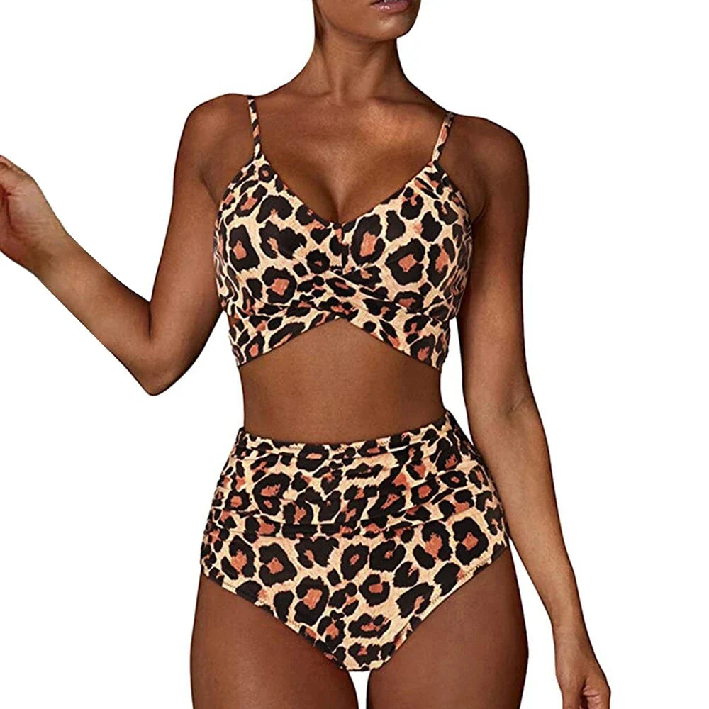 Hot 12 Colors Women Slim Bikini Sets High Waisted Sexy Swimwear 2 Pieces 2025 Solid/Floral Ruched Brazilian Swimsuit Cross Front