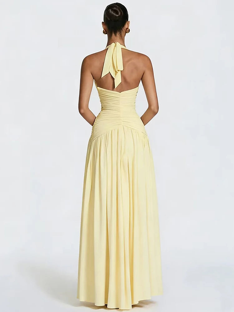 Elegant Halter Deep V Neck Sexy Maxi Women Dress Off-shoulder Sleeveless
