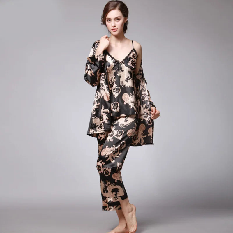 Women's Silk Satin Pajamas Set 3 Pcs Floral Silky Sets Sleepwear