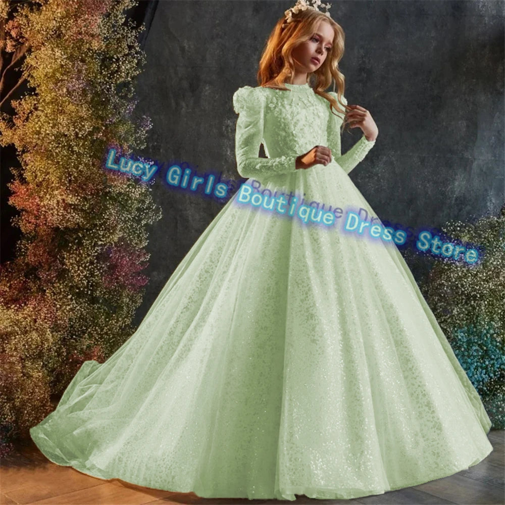 Luxury Sequins Flower Girl Dress For Wedding Party Baptism Birthday Gowns Tulle High Neck