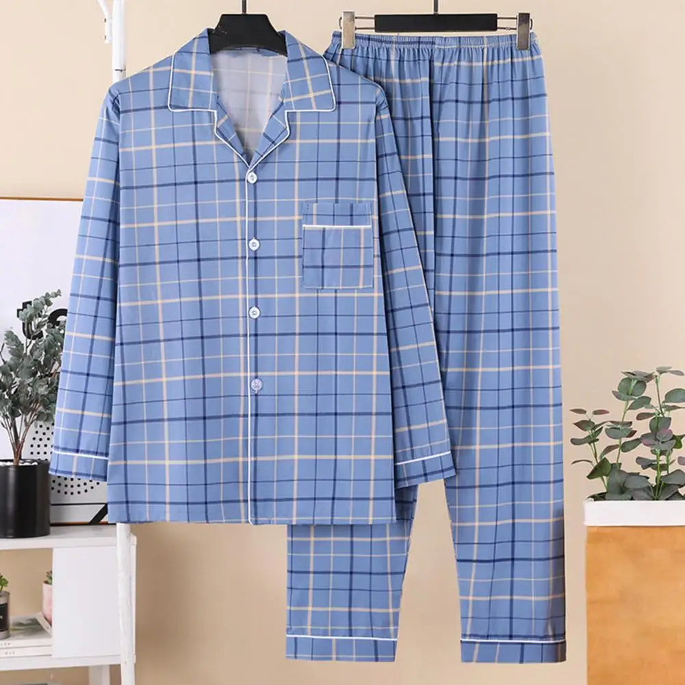 2Pcs/Set Men Pajamas Set Lapel Long Sleeve Single Breasted Tops Elastic Waist Long Pants Set Plaid Print Cotton Linen Sleepwear