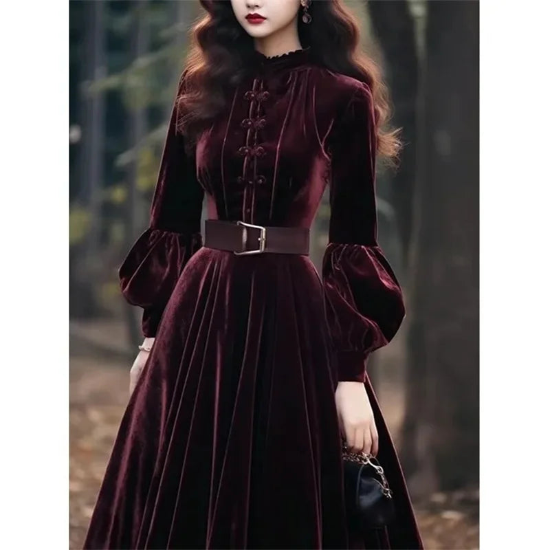 Autumn/Winter Women's Purple Red Velvet Dress Velvet Evening Party Long Dress