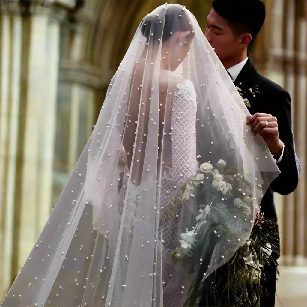 Pearls Bridal Veil 2 Tiers Blusher Wedding Veil Face-Covered With Comb White/Ivory Cathedral 300cm