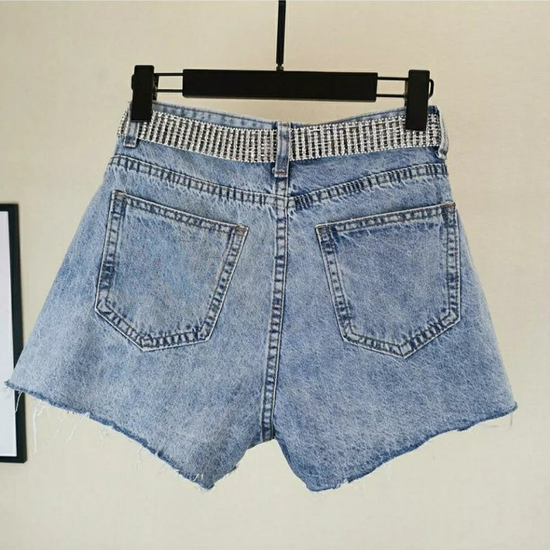 Europe America Style Shorts High Waist Wide Legs Denim Shorts Rhinestones Tassels