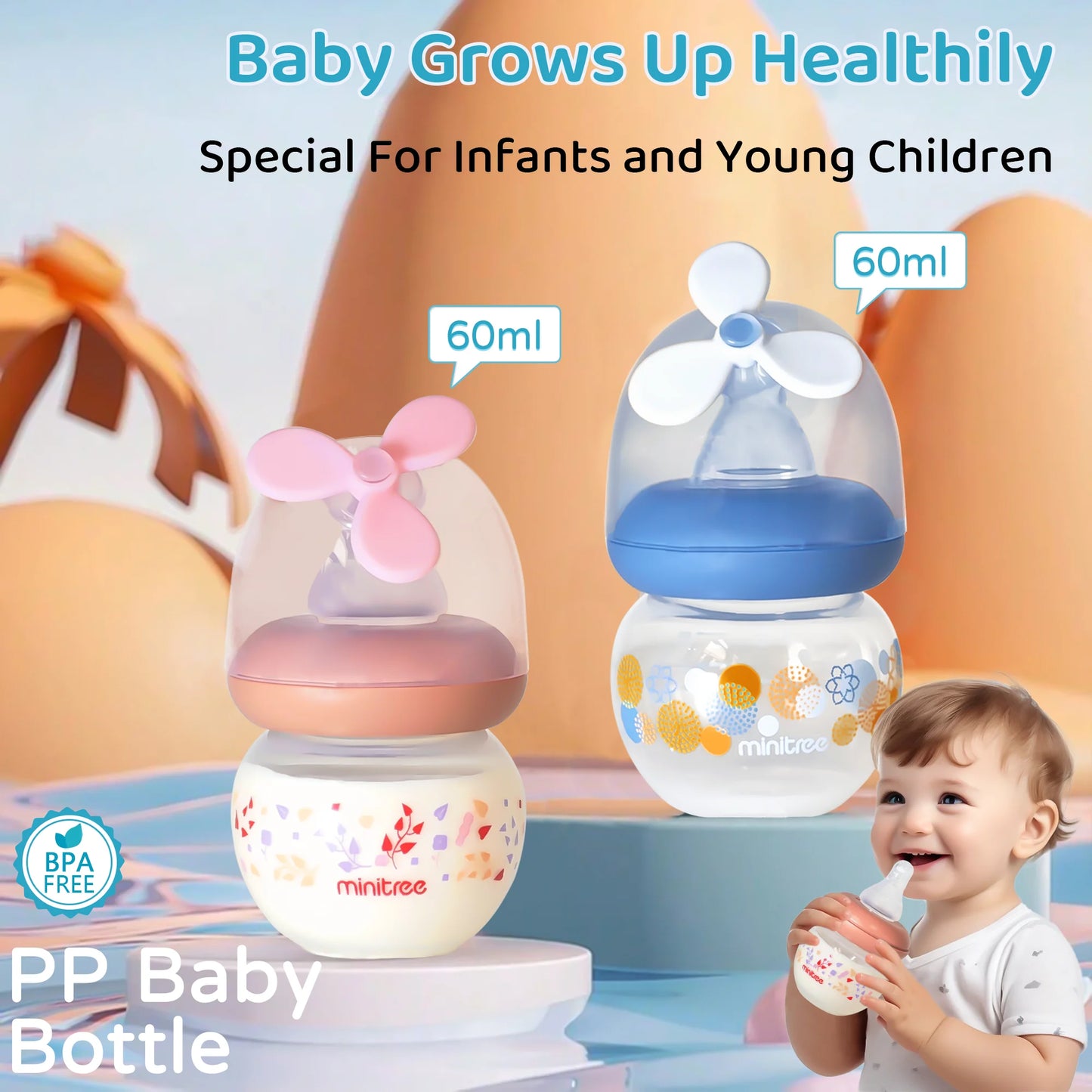 0-6 months newborn baby mini bottle, 60ml creative small windmill, fall-proof and anti-colic PP bottle, BPA-free