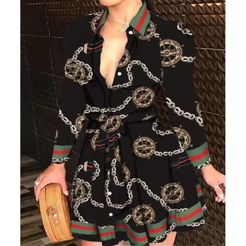 Elegant Casual Long Sleeved Dress With Buttons and Lapels