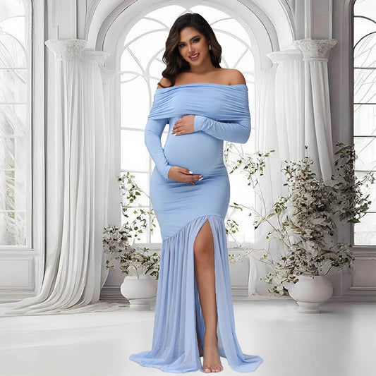 Elegant Maternity Gown Photoshoot Party Dress Off-Shoulder Slits Fishtail Hem