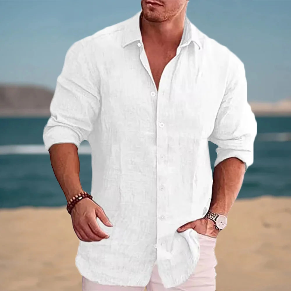 Autumn Men's Long Sleeve Shirt Cotton Linen Breathable Solid Color Casual Style Plus Size