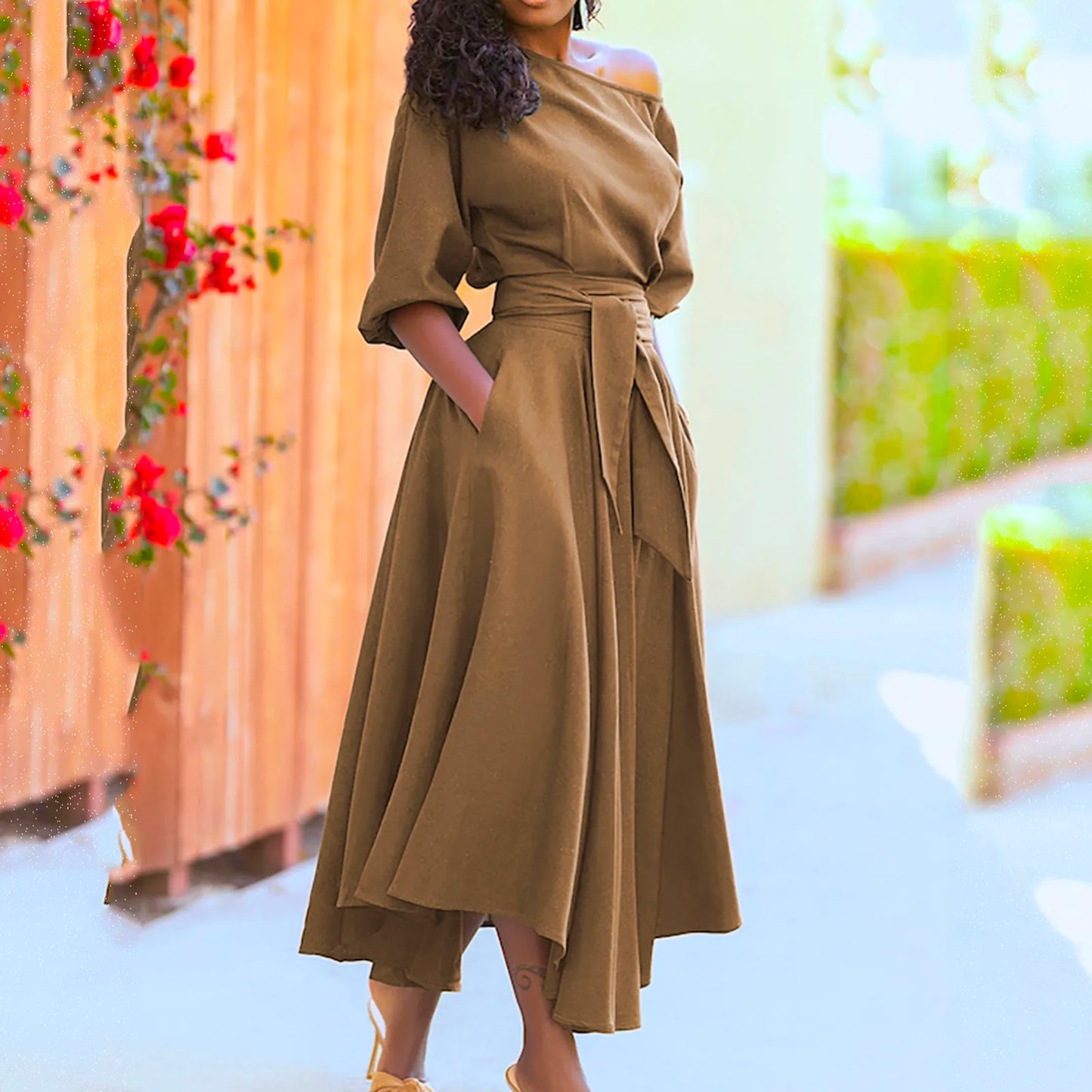 A-Line One Shoulder Women's Formal Dress With Belt Elegant Slim Solid