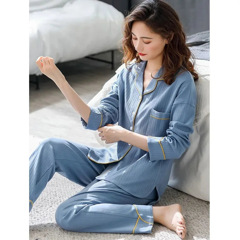 High Quality Large Size Women Cotton Pajamas Button down Tops and Trousers Set Sleepwear Homewear