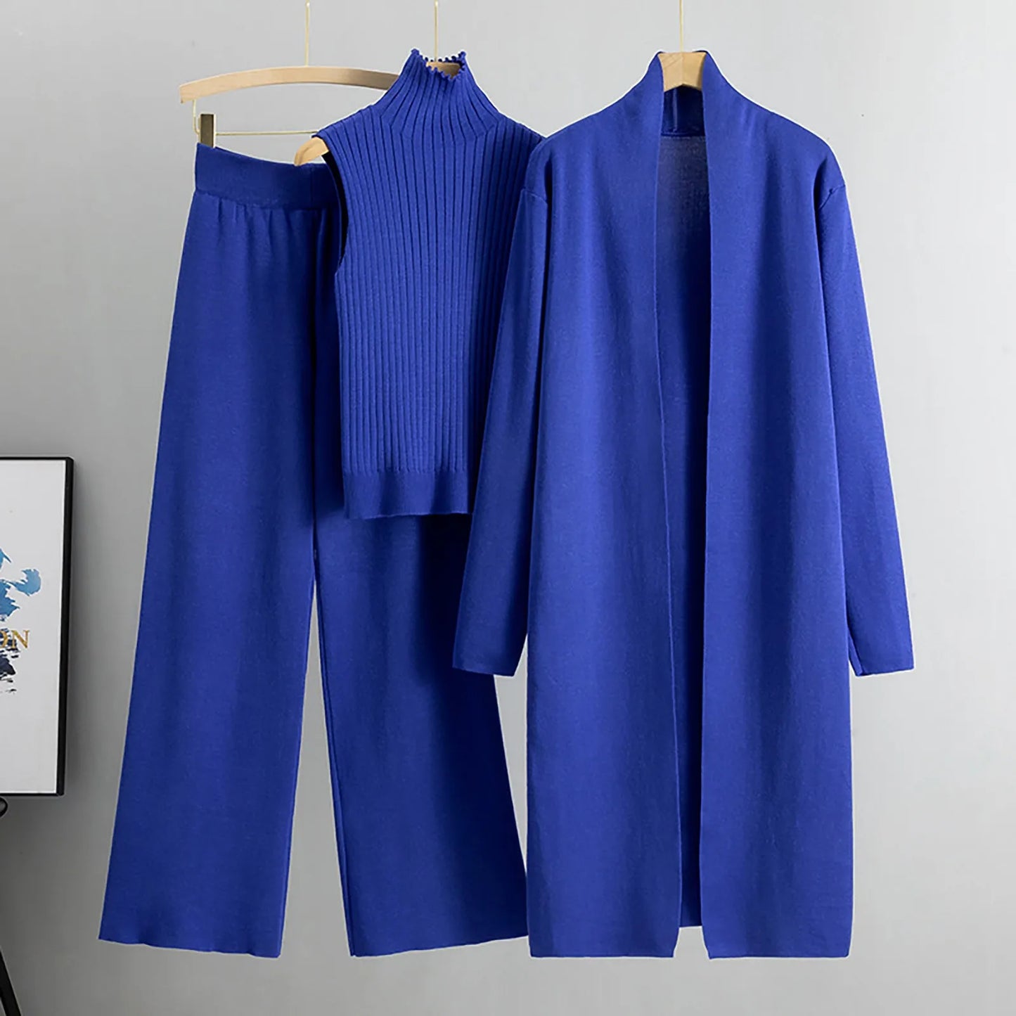 3 Piece Outfits Sweater Pullover Top & Knitted Long Cardigan & Wide Leg Pants Suits
