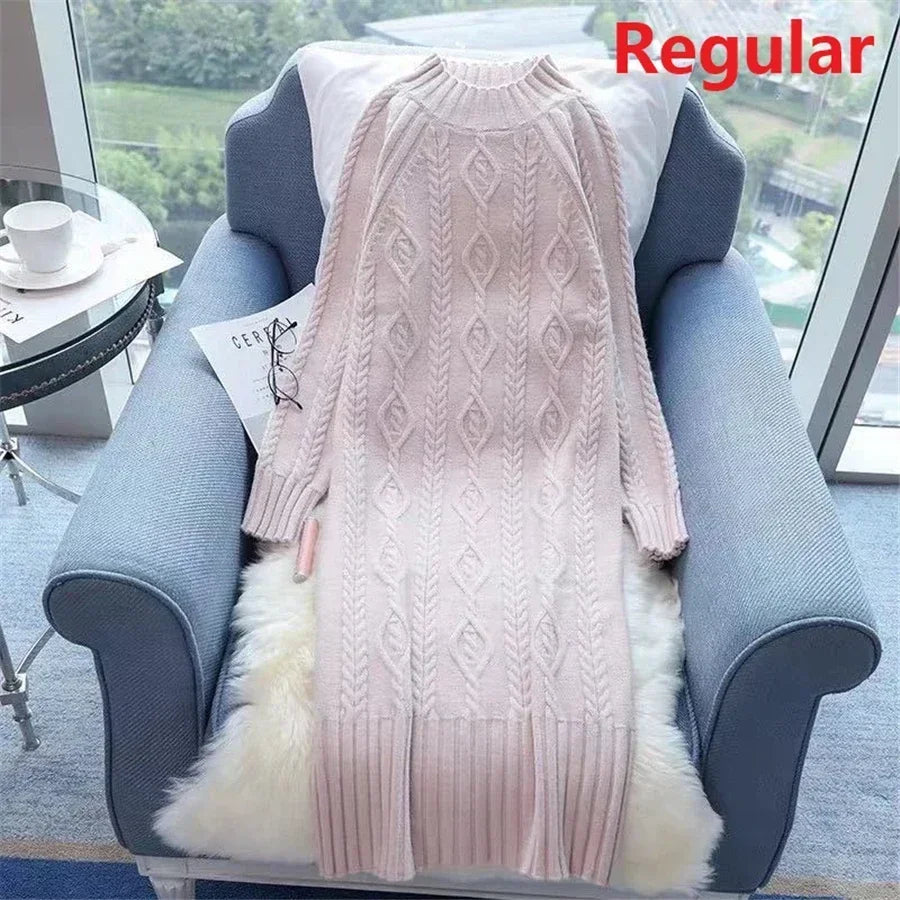 Women Winter Thicken Plus Velvet Sweater Dress Mock Neck Rib Knit Midi With Coats