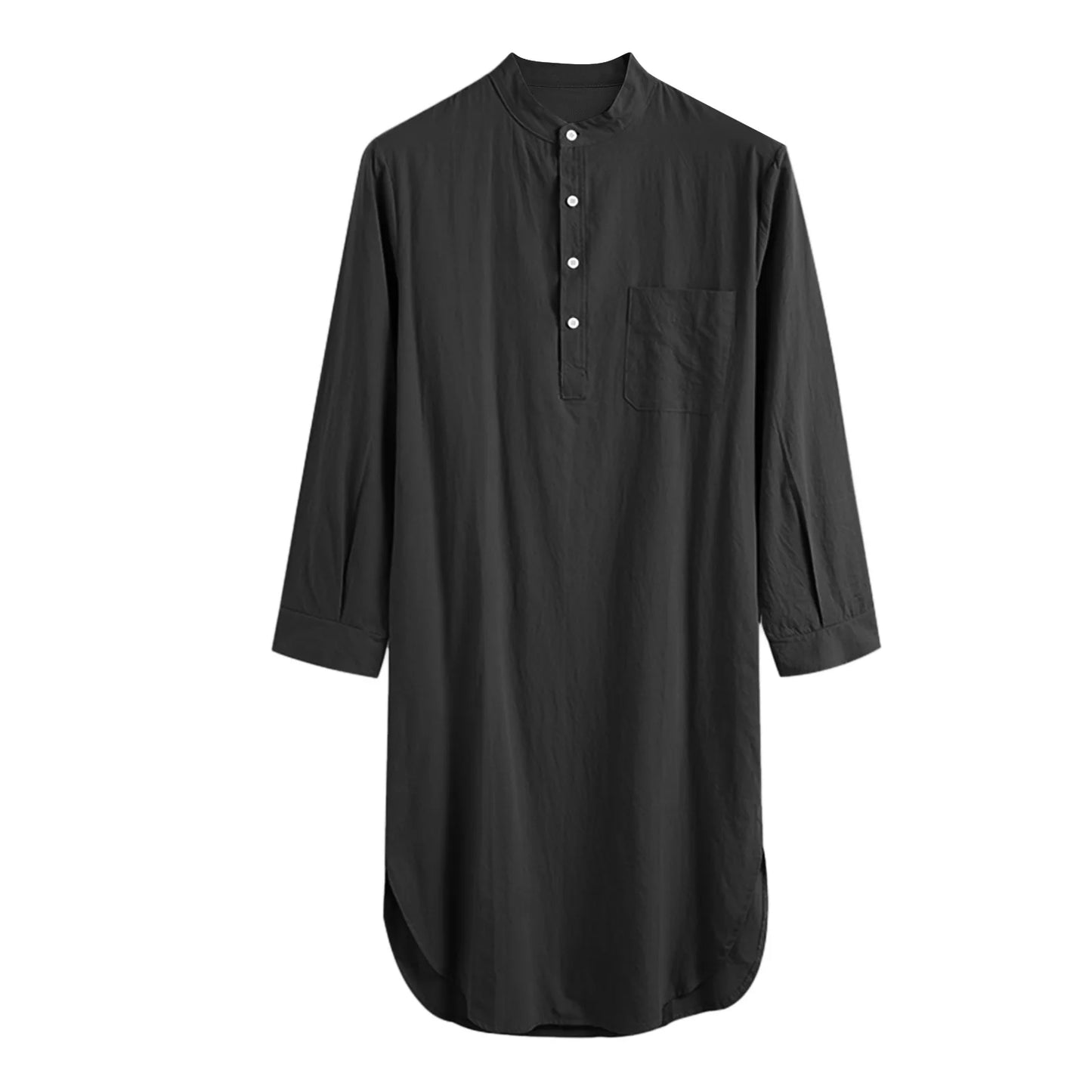 Men's Comfortable Cotton Button-down Sleep Robe Solid Color Stand Neck Long Sleeve Nightgown