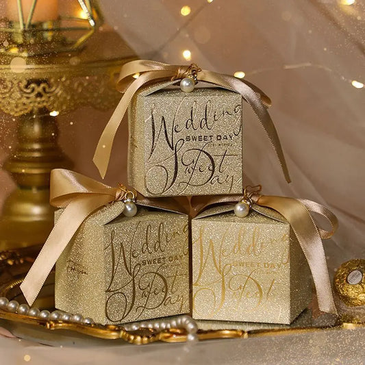 New Wedding Candy Box With Pearl Ribbon Bow High-End Gift Chocolate Box High Quality Glitter Powder Shell Gift Box
