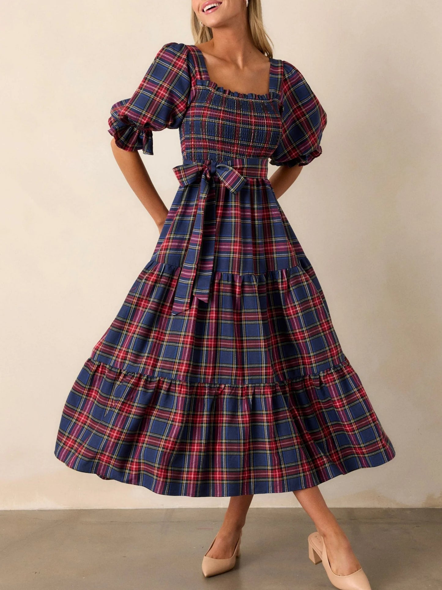 Christmas Classic Plaid Print Square Neck Puff Sleeve A Line Long Dress with Bow Decor Club Party Dresses