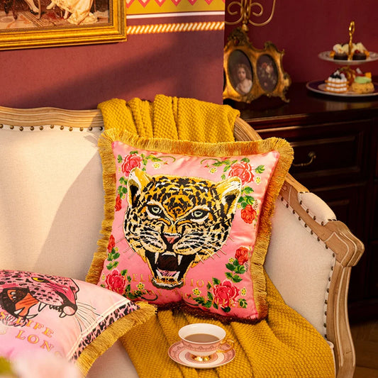 Luxury Pink Tiger Pillowcase Double-sided Velvet Tassel Living Room Sofa Decoration Square Cushion Cover