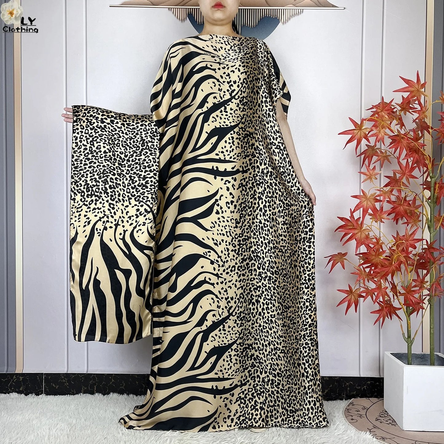 Women Printed Silk Soft Loose Maxi Party Dresses With Belt Turban
