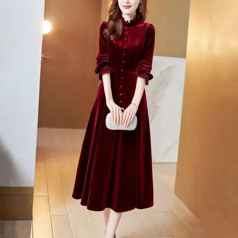 Wine Red Golden Women Velvet Dress Long Sleeved Long Dresses