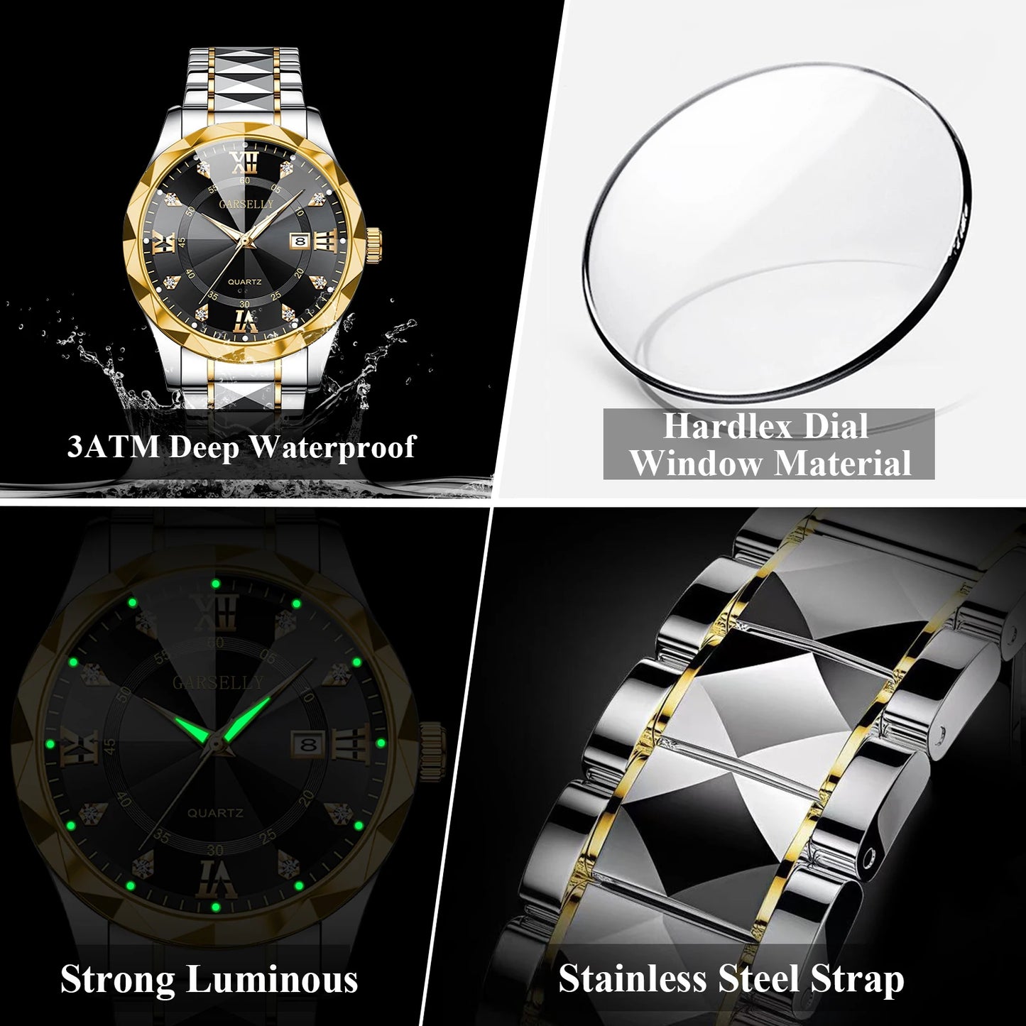 Luxury Men's Watches Date Week Stainless Steel Waterproof Luminous Classic Business Men Wristwatch