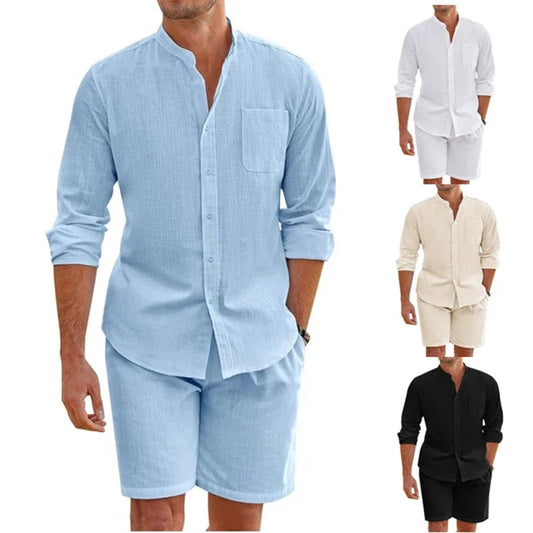 Summer Men's Casual Comfortable Breathable Cotton Linen Shirt+Short Sets