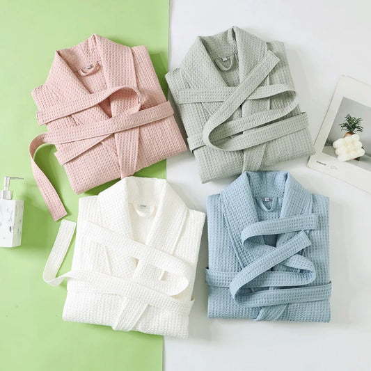 Solid Color Cotton Spring and Autumn Waffle Couples Mid-long Yukata Bathrobe Homestay Hotel Couple Soft Bathrobes