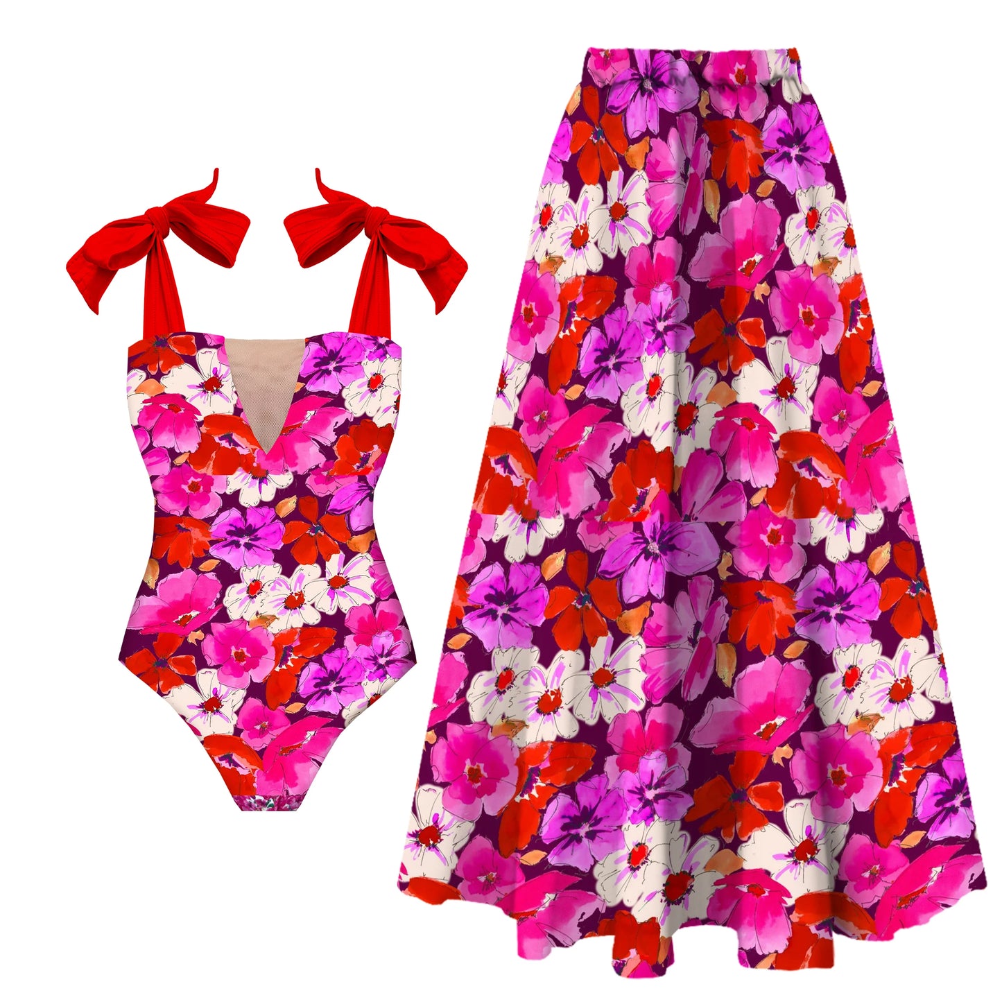 2-Piece Shoulder Ruffle Swimsuit With Cover Up Sexy Beachwear