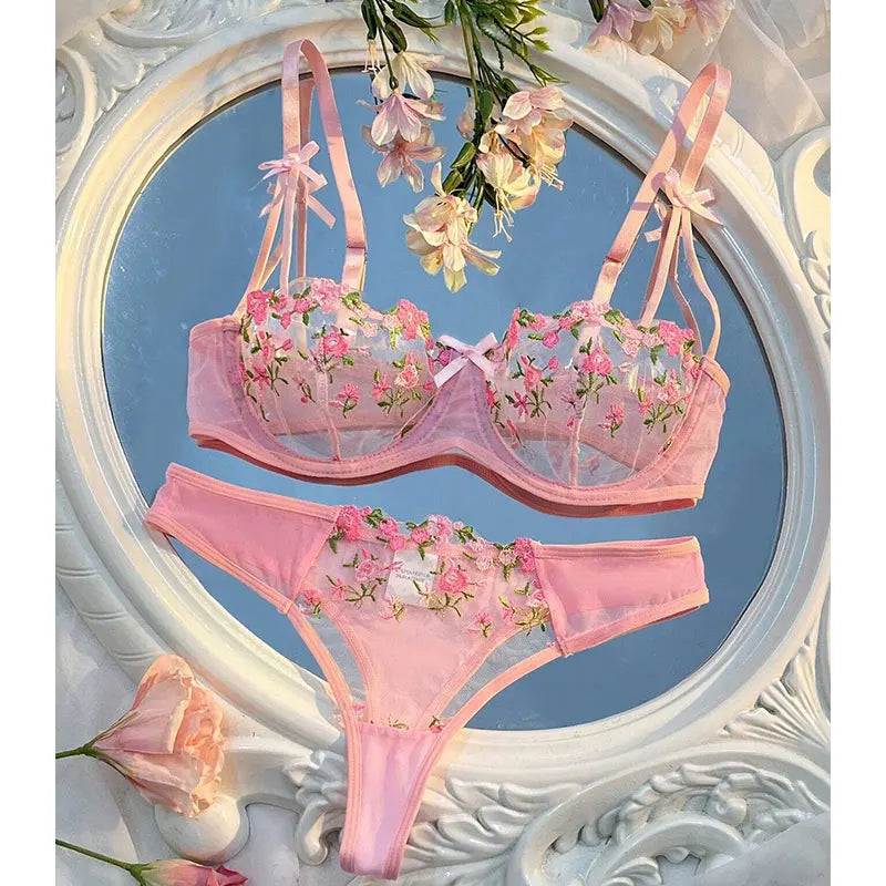 Beautiful Women Sexy 2 Piece Floral Embroidery Underwear Sets