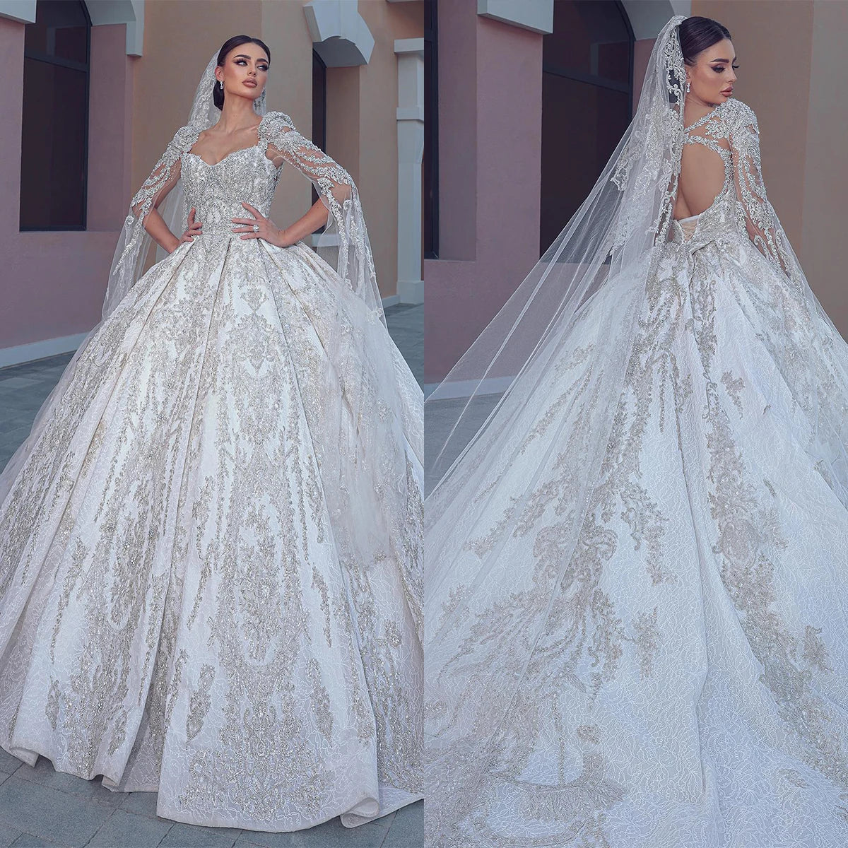 Elegant Custom-made Wedding Dress with Rhinestones Lace Long Sleeve Sweetheart Cathedral Train Floor-Length Ball Gown
