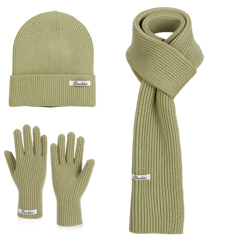 Winter Warm Knitted Hat Scarf Gloves Women's Windproof Three-piece Set