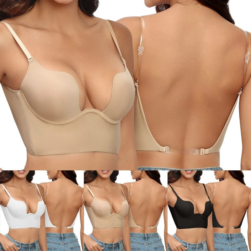 Women Sexy Invisible Bra with Transparent Strap Deep U Plunge Bras Backless