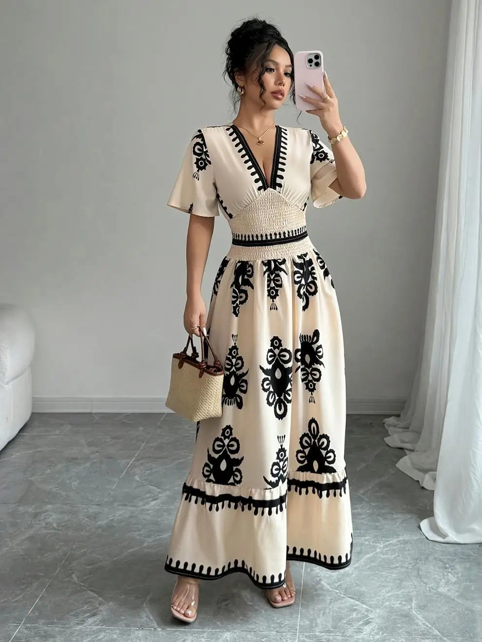 Women Summer Long Dress Vintage Print Maxi Gown V Neck Short Sleeve Tight Waist A Line