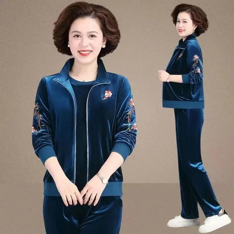 Women Spring Autumn Golden Velvet Set Casual Suit Embroidery Coat Straight Trousers 3-piece Sets