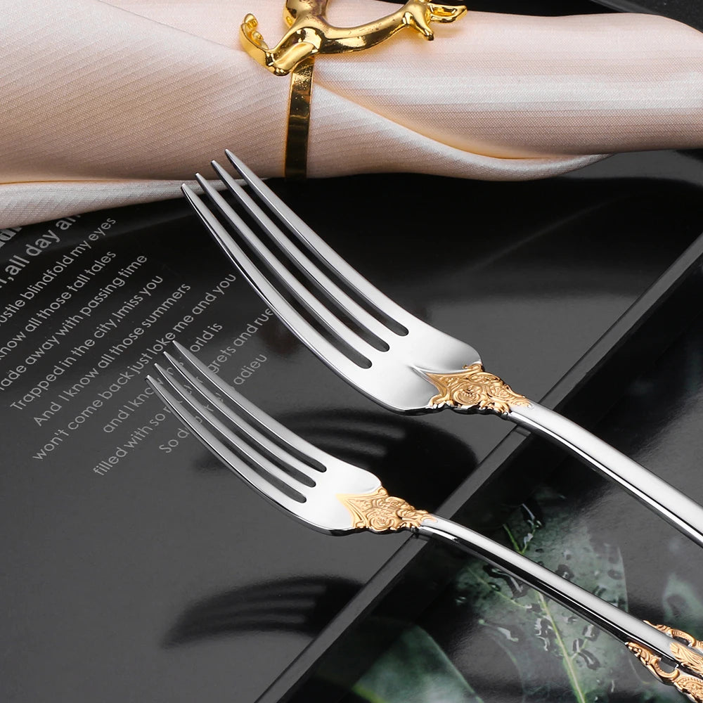 Stainless Steel Silver Flatware Set, Vintage Cutlery, Hollow Handle, Silverware for Wedding, Baroque, 18/10, Glossy Gold