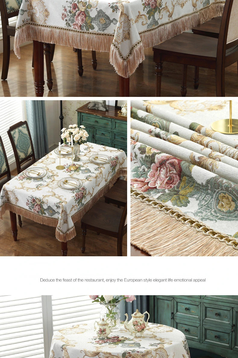 European Style Flower Tassel Tablecloth Thicken Chenille Rectangular Table Cover Round Dining Table Coffee Cloth Dust-proof