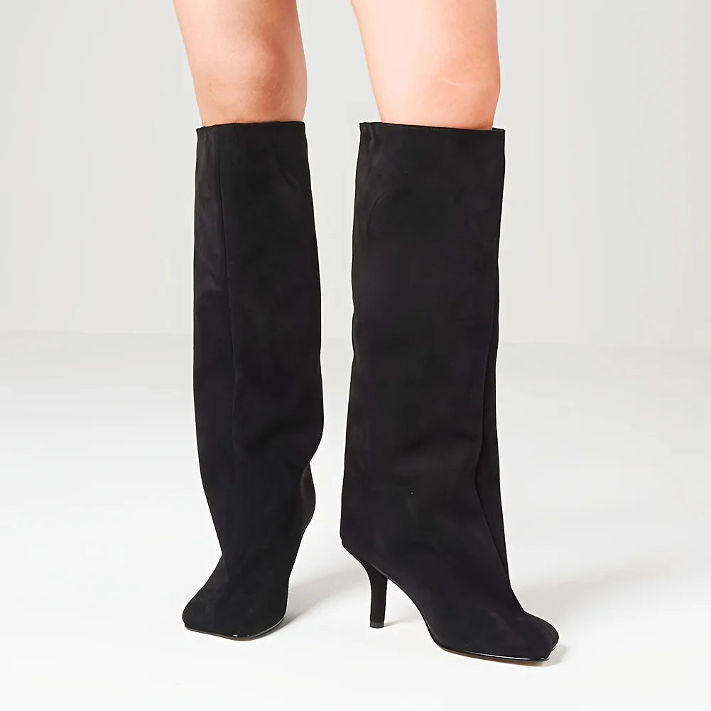 Women's Suede Knee High Boots Fashion Square Toe Stiletto Thin High Heels Pull On
